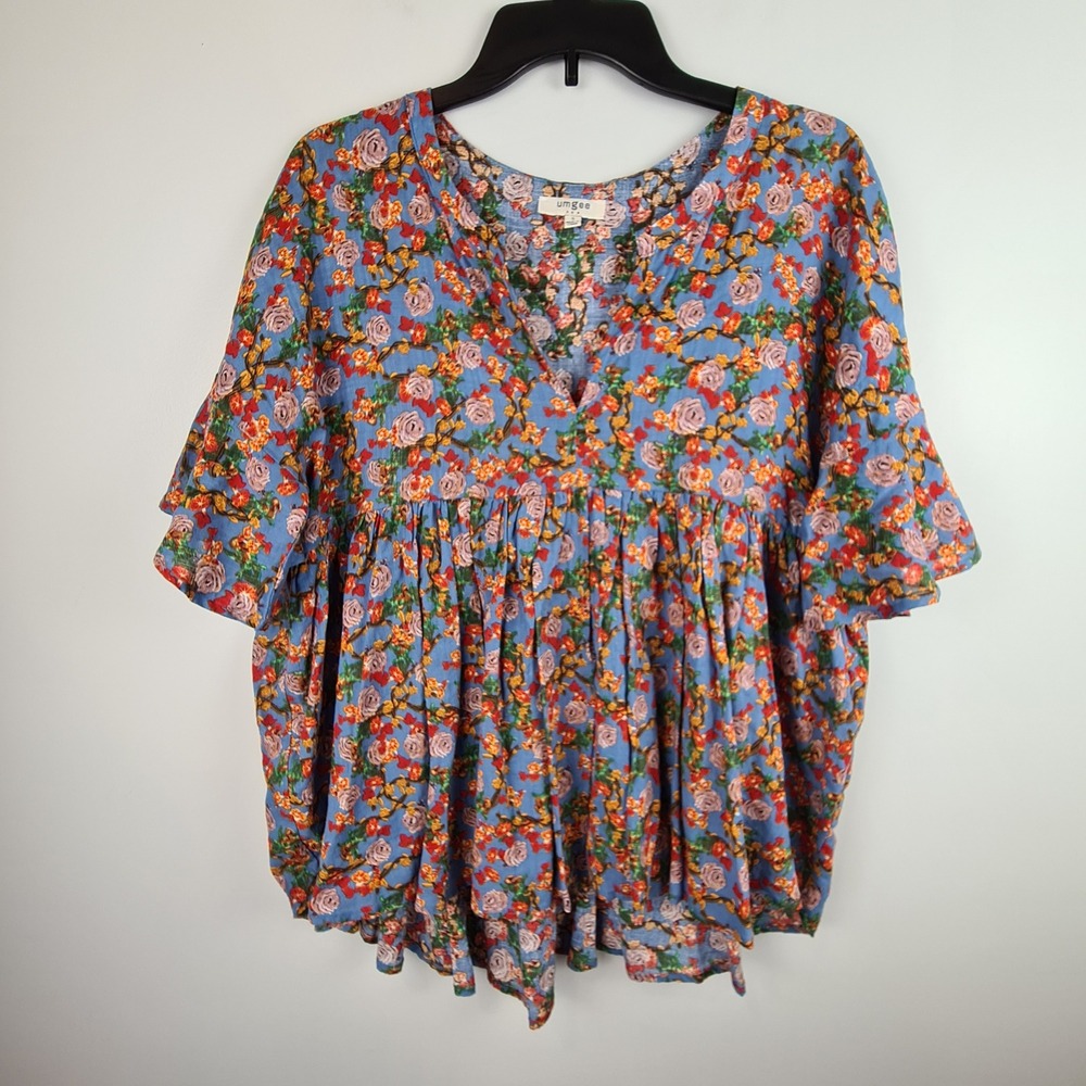 Umgee Womens Floral Babydoll Top Short Flutter Sleeve V-Neck Small Oversized